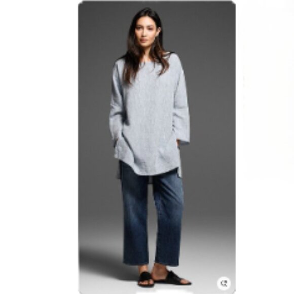 Eileen Fisher Top Women's Large Blue/Grey Organic Linen Chambray Split Hem - Picture 12 of 14